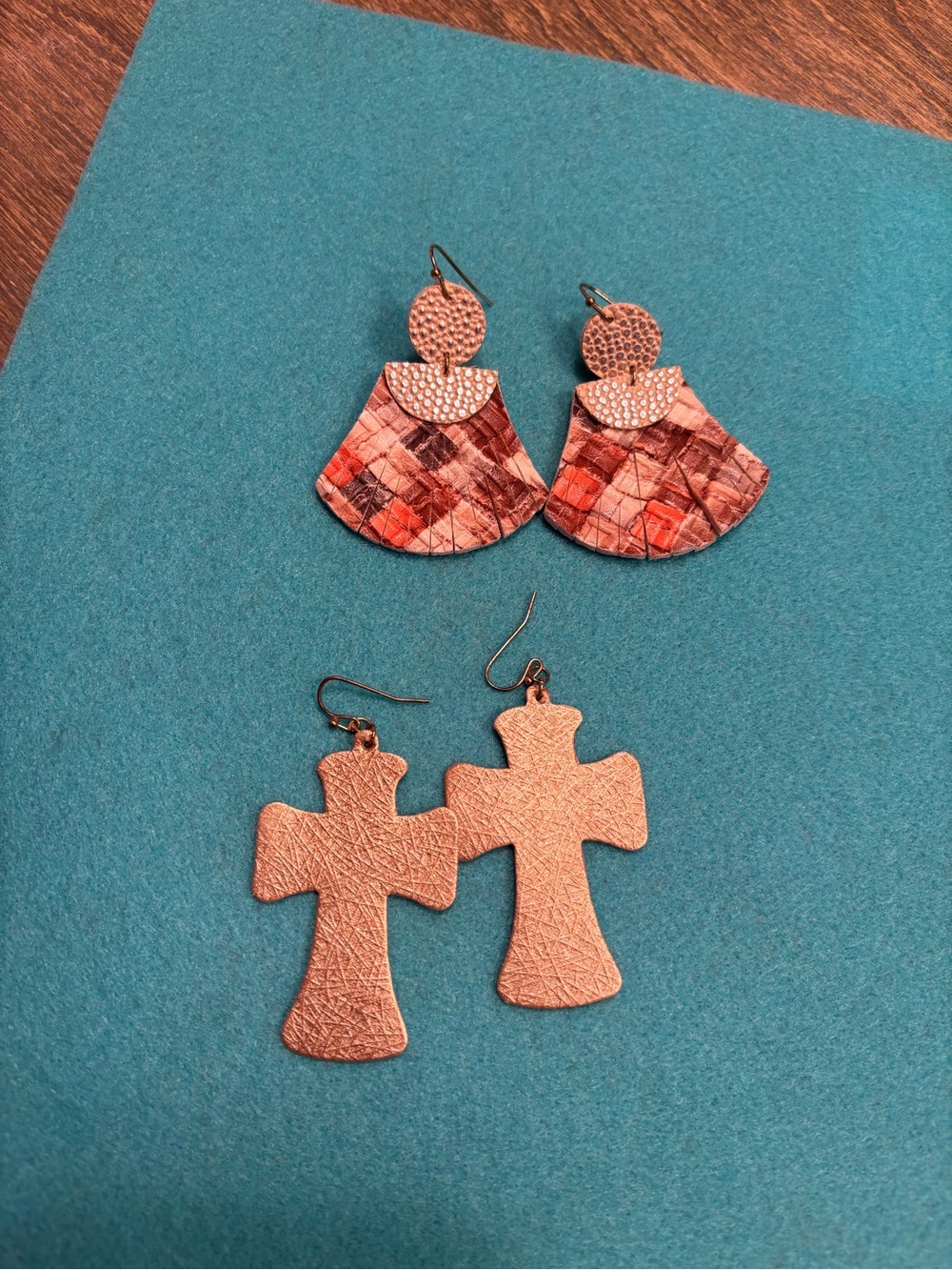 Stylish Rose Gold Cross and Fan Drop Earrings *faux leather*- Women Jewelry